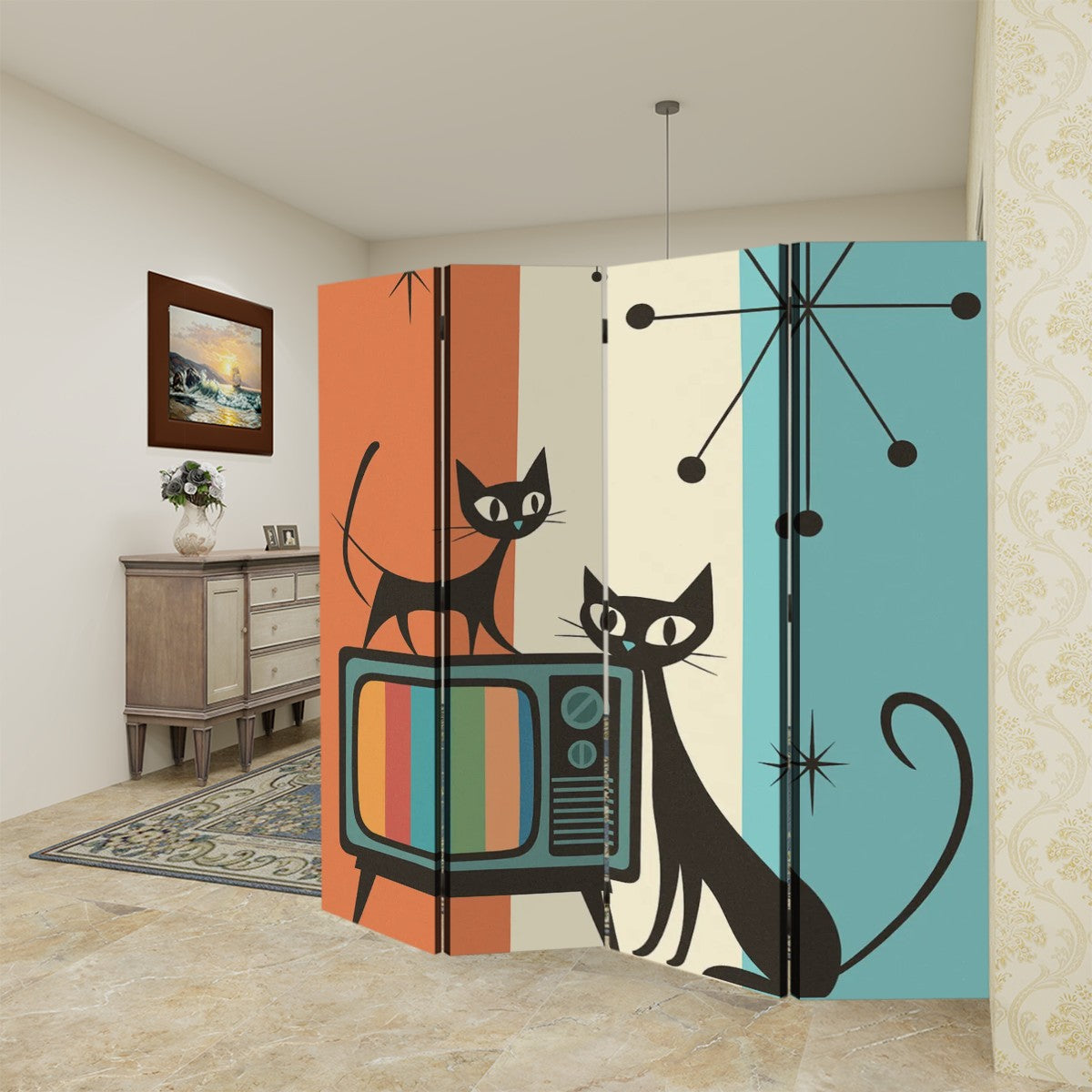 Atomic Cats Room Divider โ 4 Panel Folding Screen