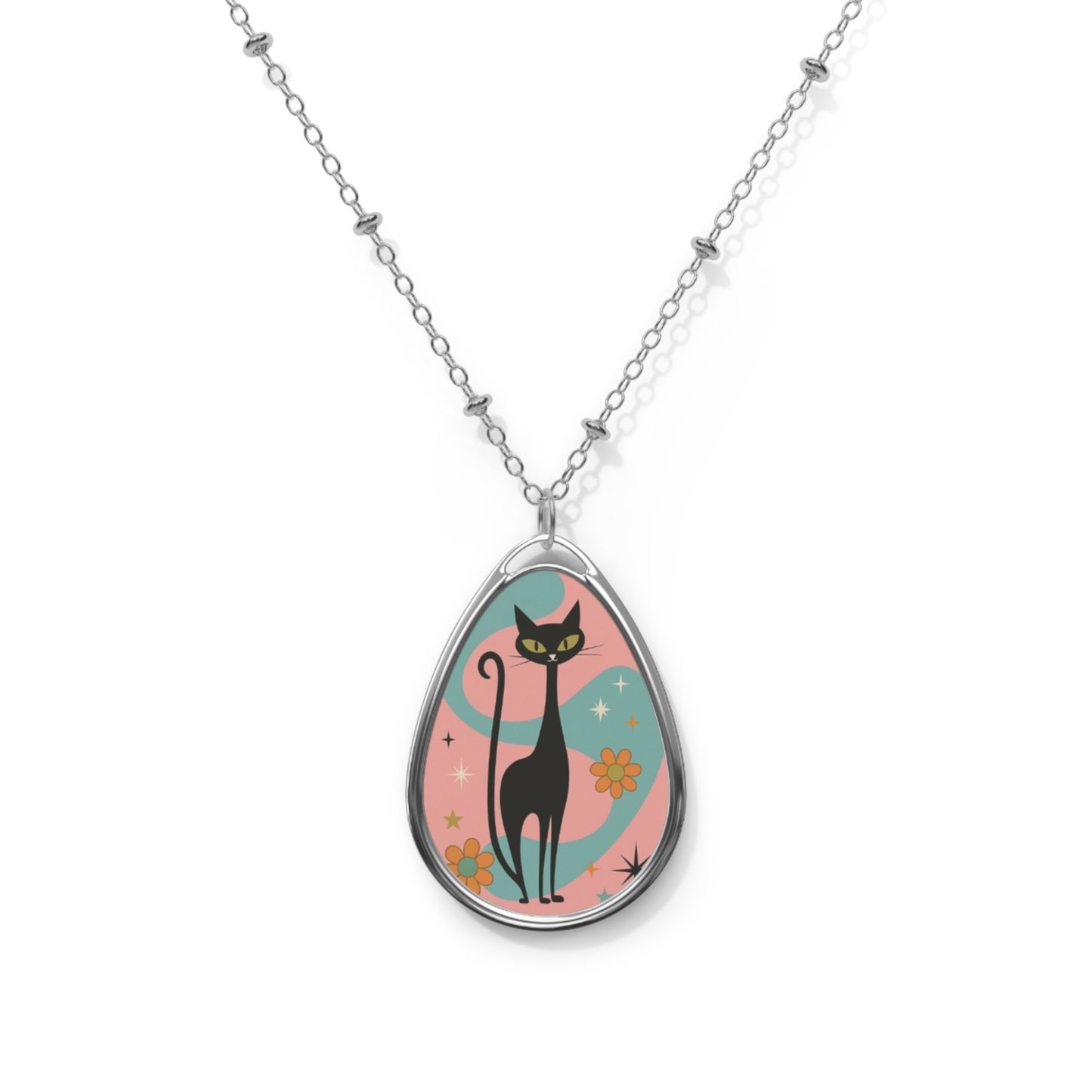 Atomic Black Cat Pendant Necklace – Retro Mid Century Groovy Style