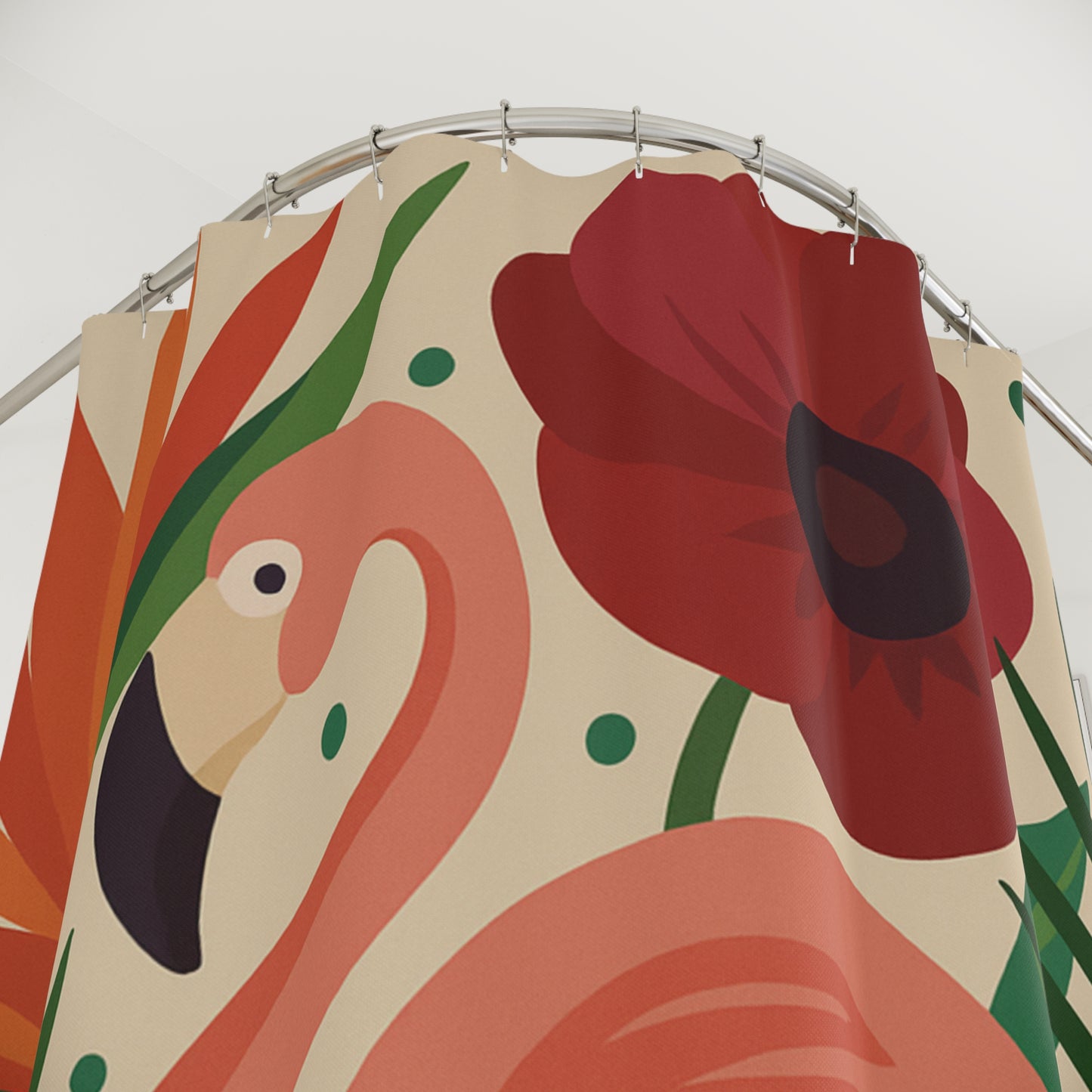 Retro Flamingo & Poppy Shower Curtain – Bold Botanical Vibes