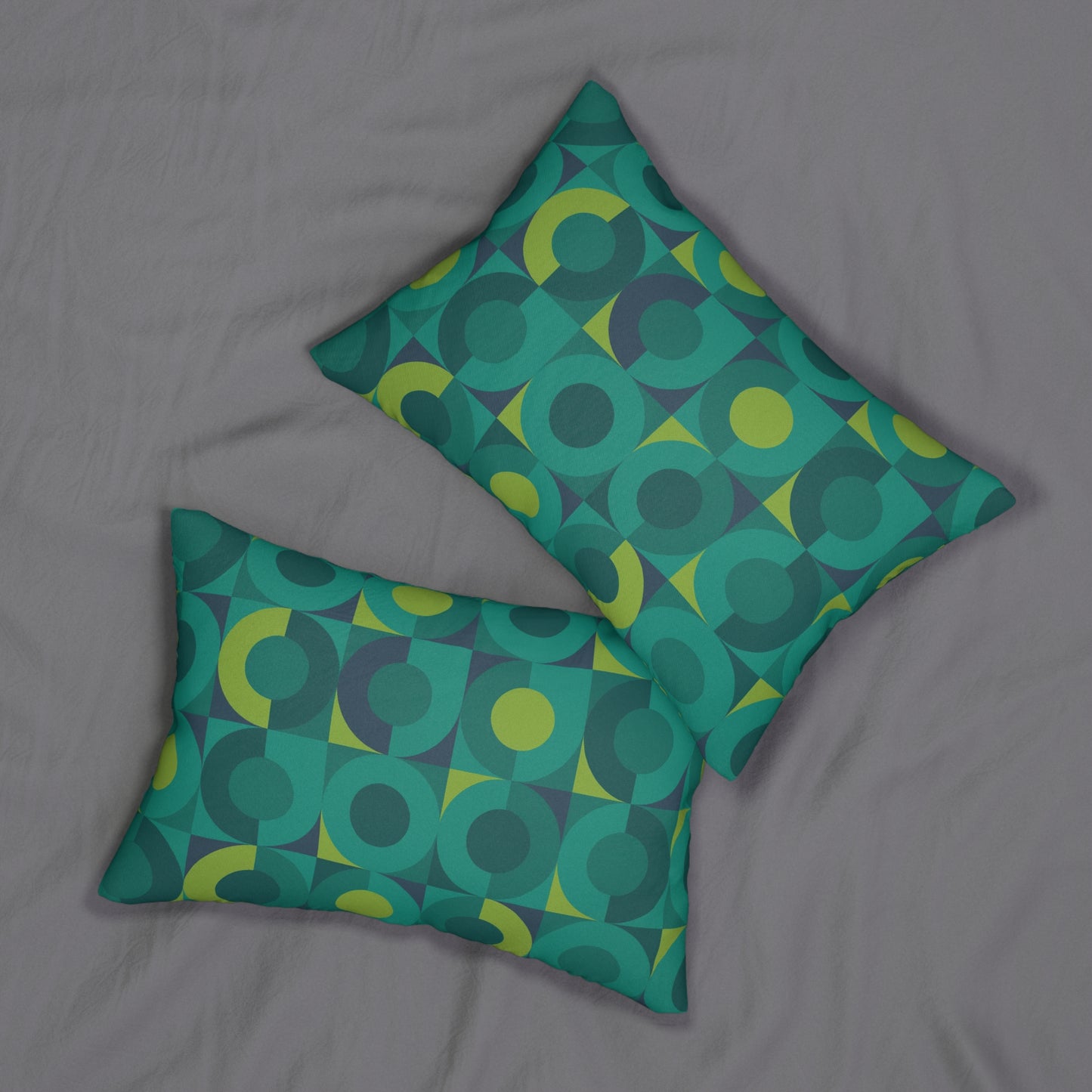 Green Geometric Orbit Lumbar Pillow – Mid-Century Modern Vibe (20×14)