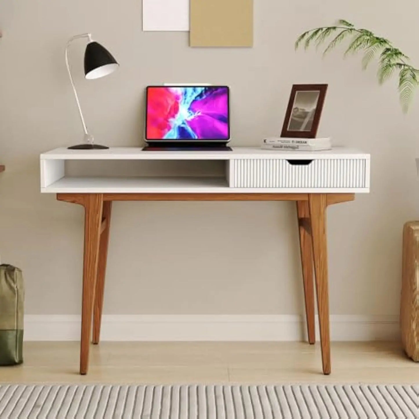 White Computer Desk with Drawers – Mid Century Modern Boho Style