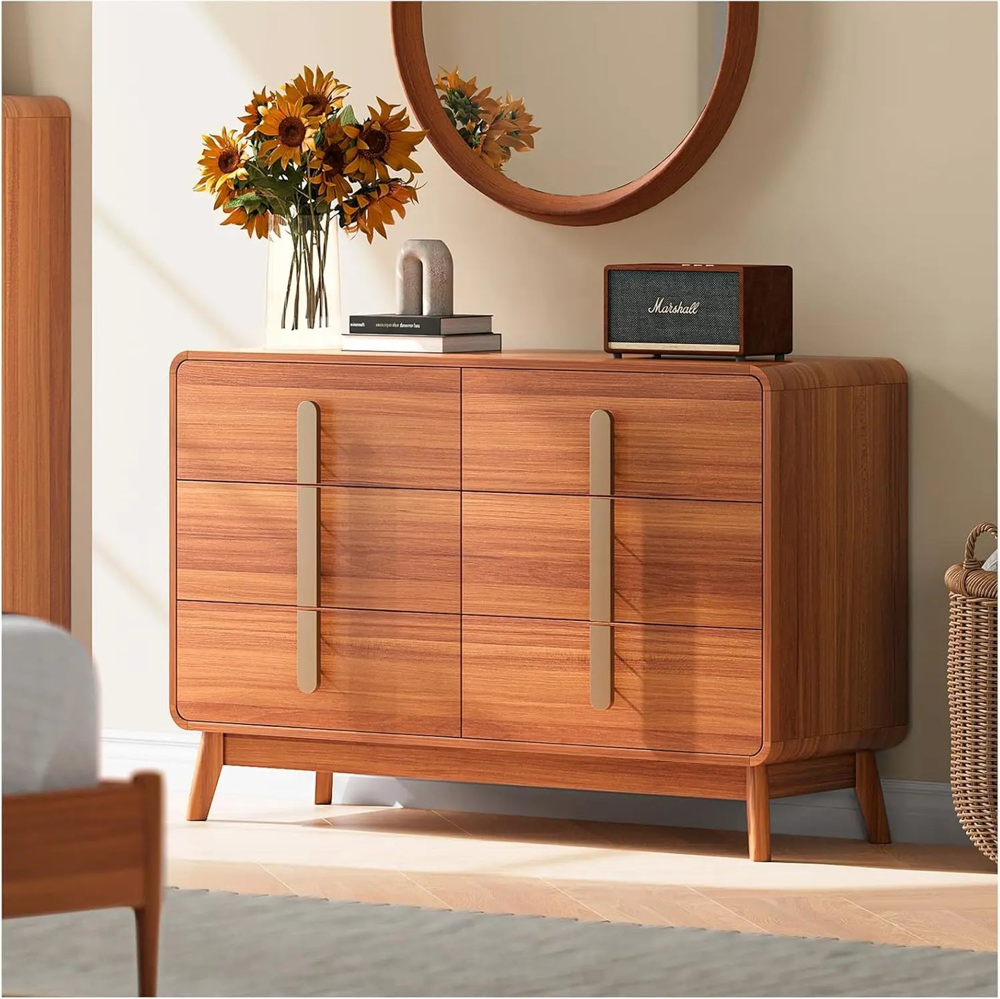 Mid-Century Modern 6 Drawer Dresser – Storage Chest with Metal Handles