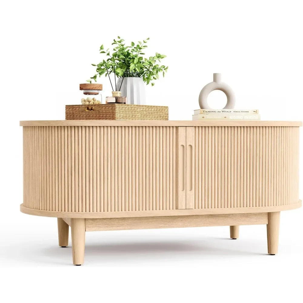 Coffee Table with Sliding Tambour Door – Mid Century Modern Storage Table