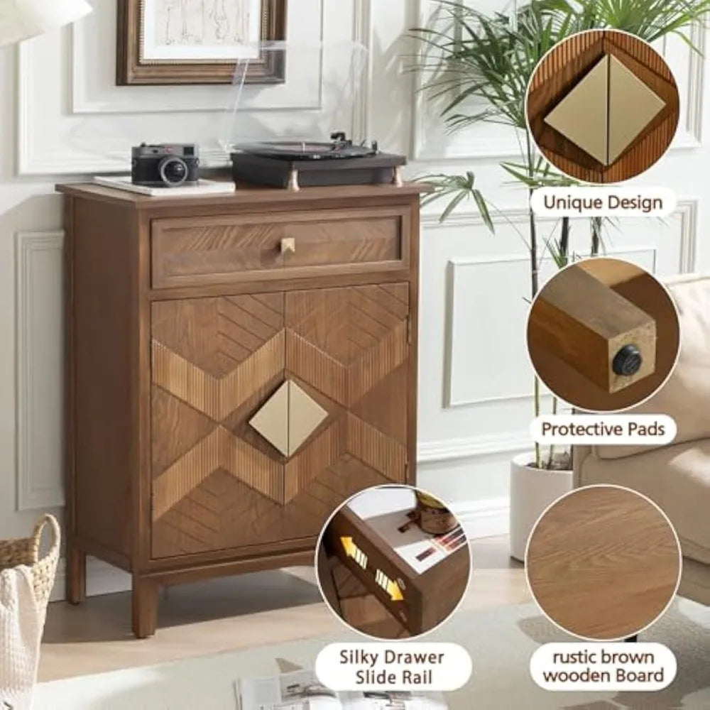 Mid-Century Modern Accent Cabinet with Drawer and Doors – Geometric Inlay Sideboard