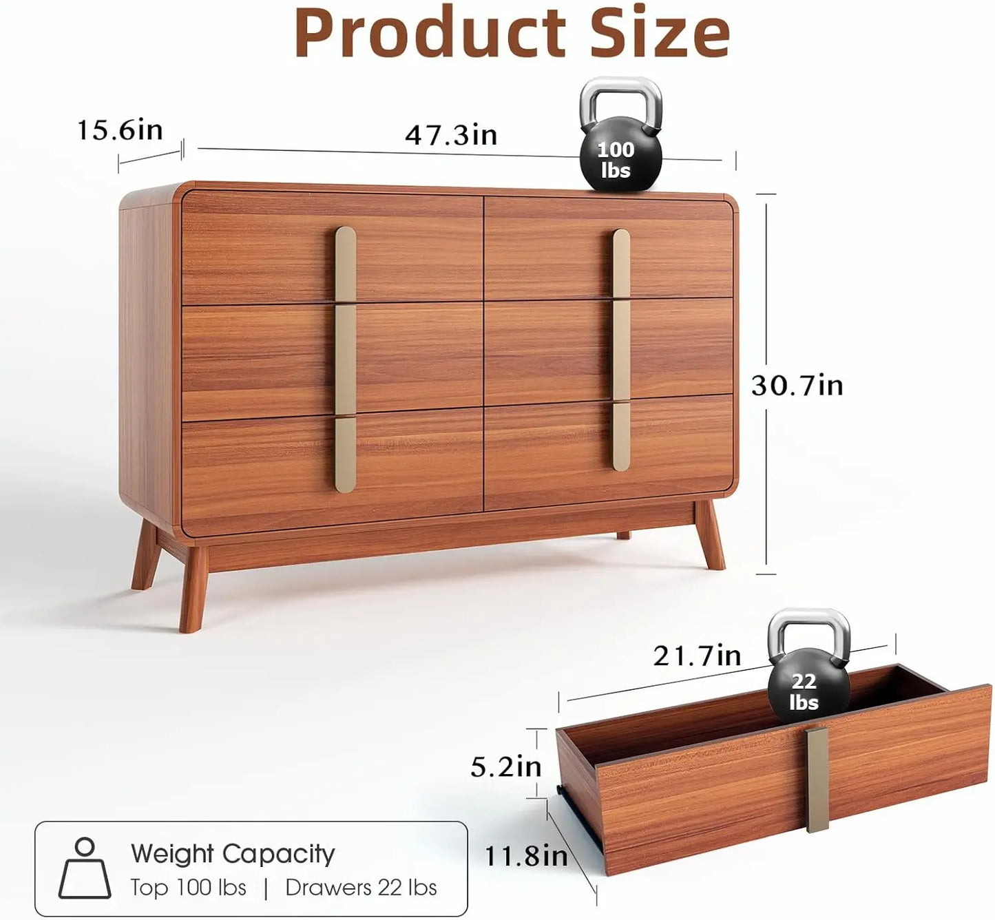 Mid-Century Modern 6 Drawer Dresser – Storage Chest with Metal Handles