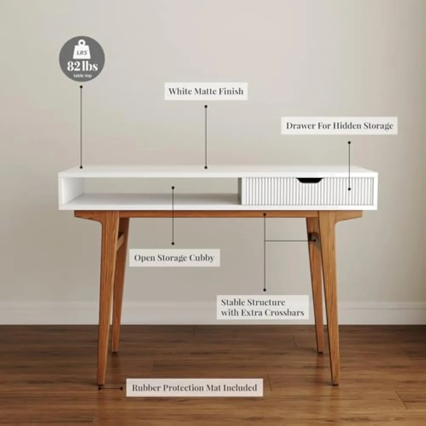 White Computer Desk with Drawers – Mid Century Modern Boho Style