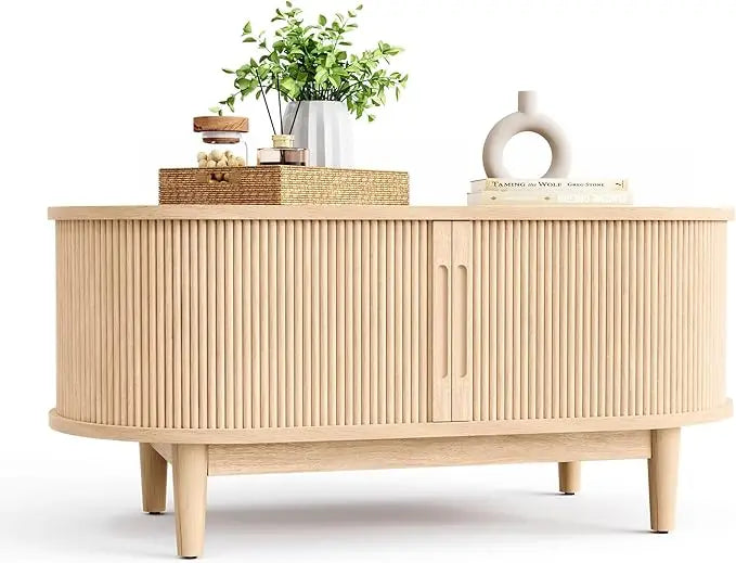 Coffee Table with Sliding Tambour Door – Mid Century Modern Storage Table