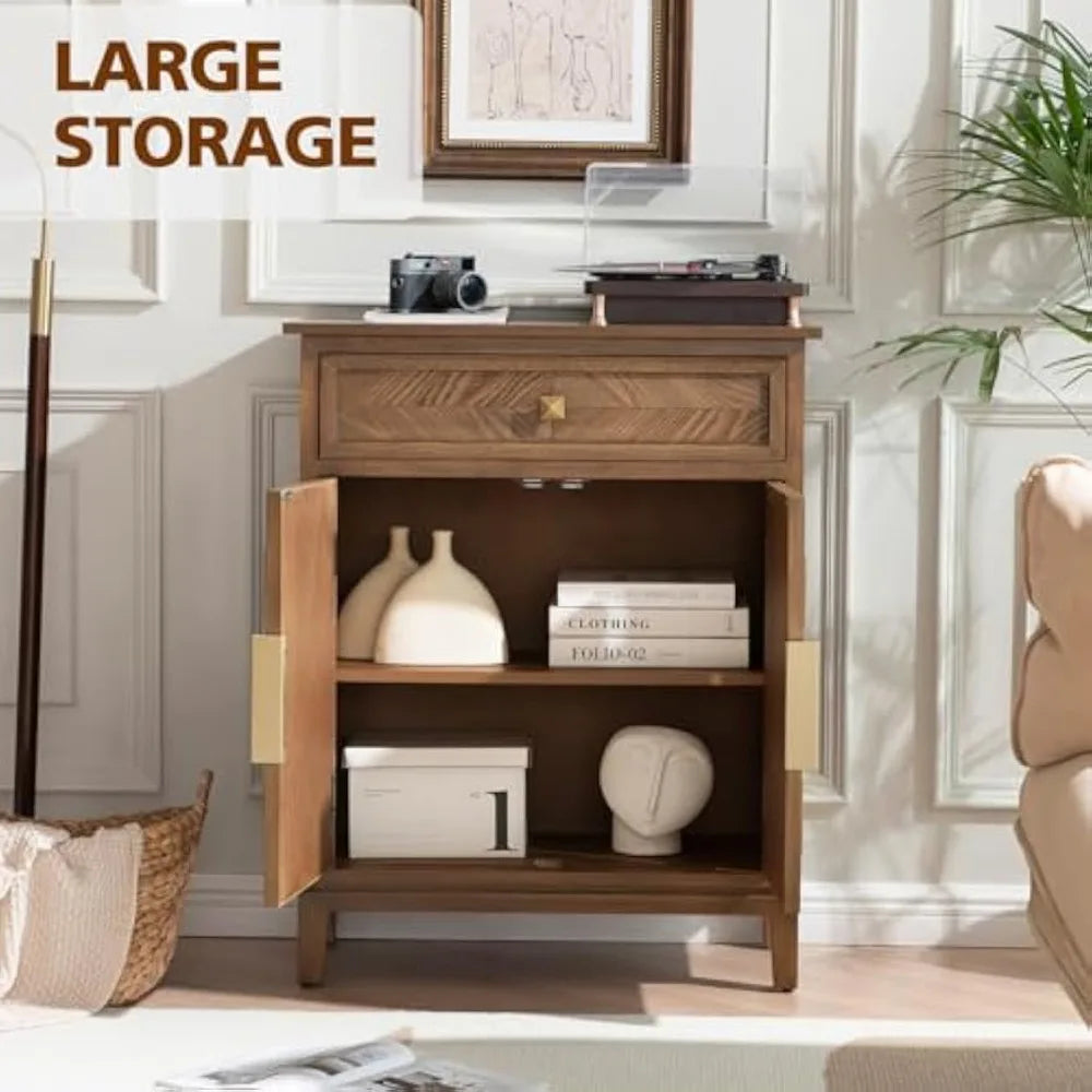 Mid-Century Modern Accent Cabinet with Drawer and Doors – Geometric Inlay Sideboard