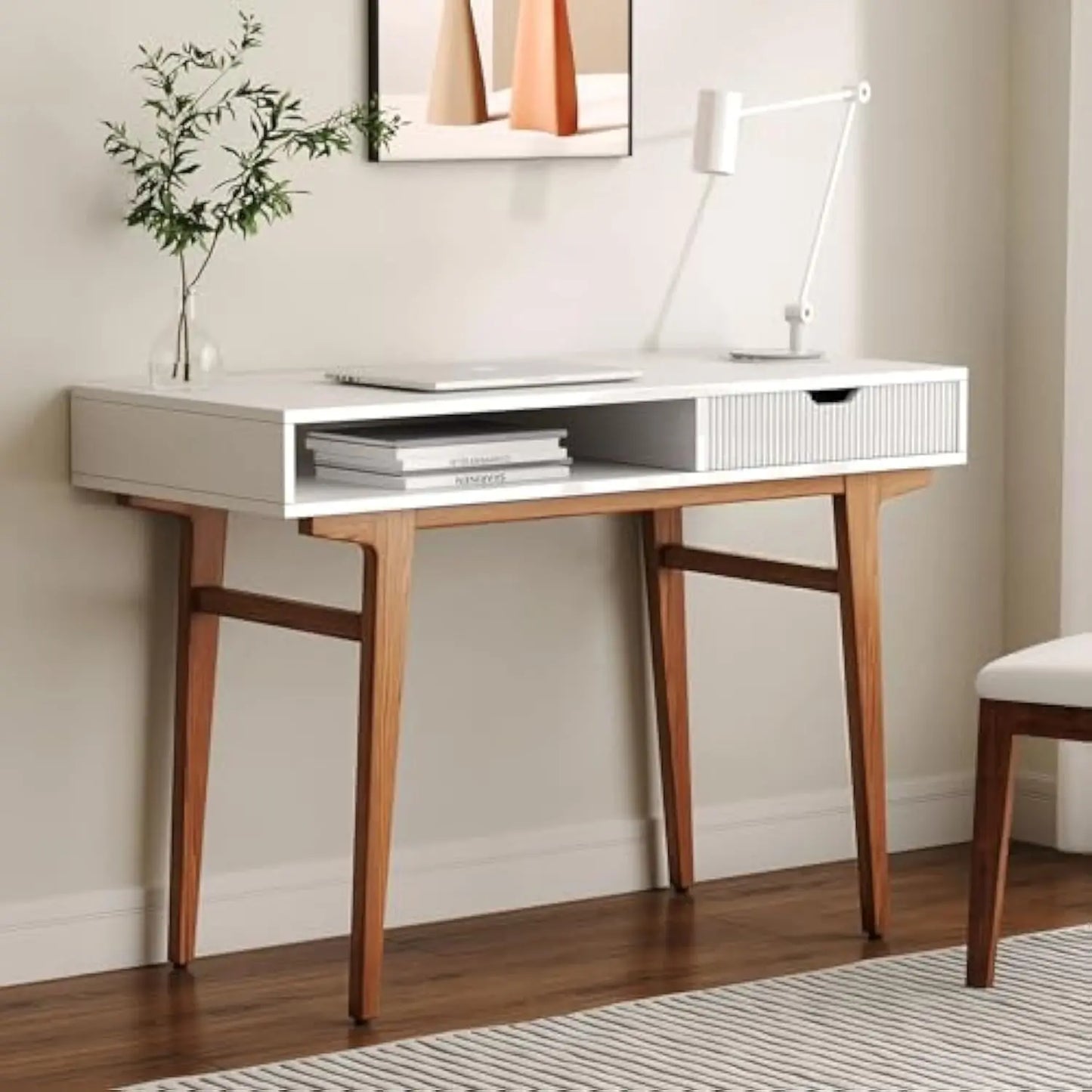 White Computer Desk with Drawers – Mid Century Modern Boho Style
