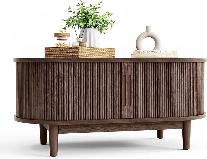 Coffee Table with Sliding Tambour Door – Mid Century Modern Storage Table