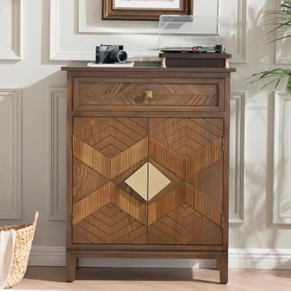 Mid-Century Modern Accent Cabinet with Drawer and Doors – Geometric Inlay Sideboard