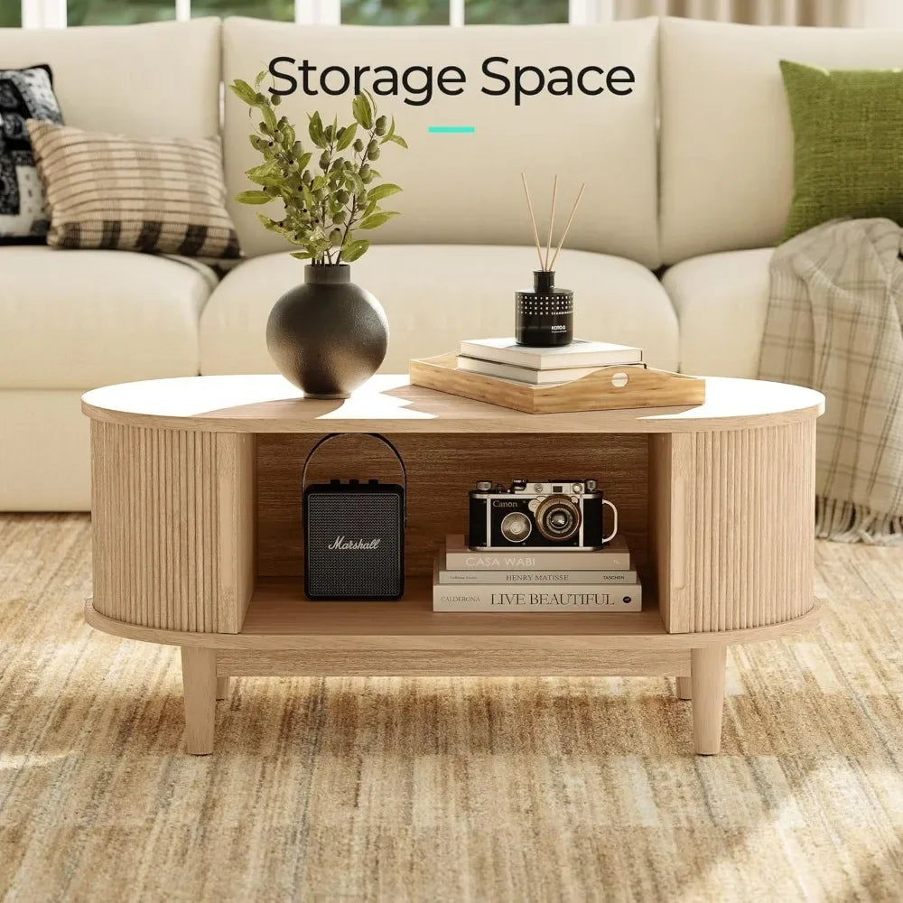 Coffee Table with Sliding Tambour Door – Mid Century Modern Storage Table