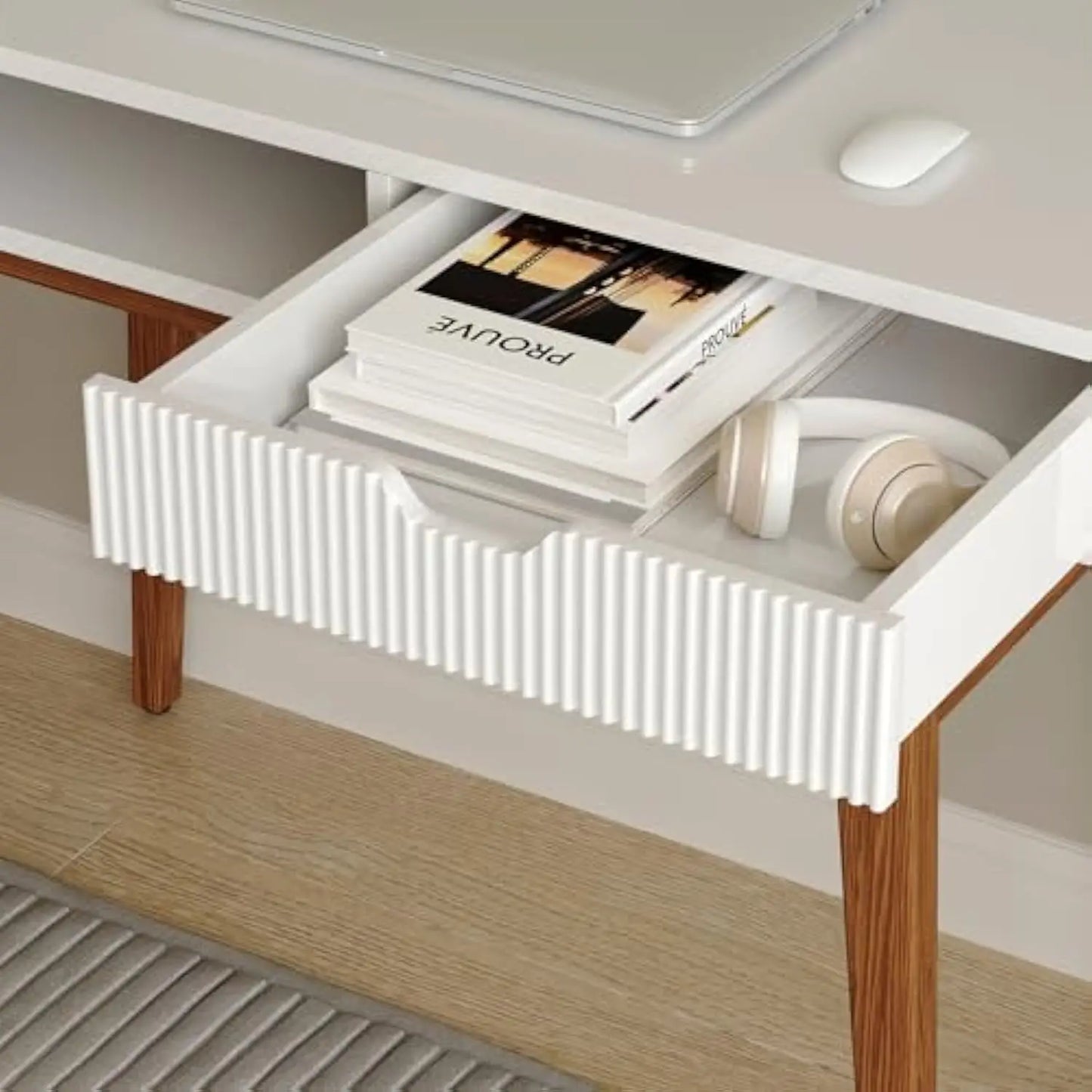 White Computer Desk with Drawers – Mid Century Modern Boho Style