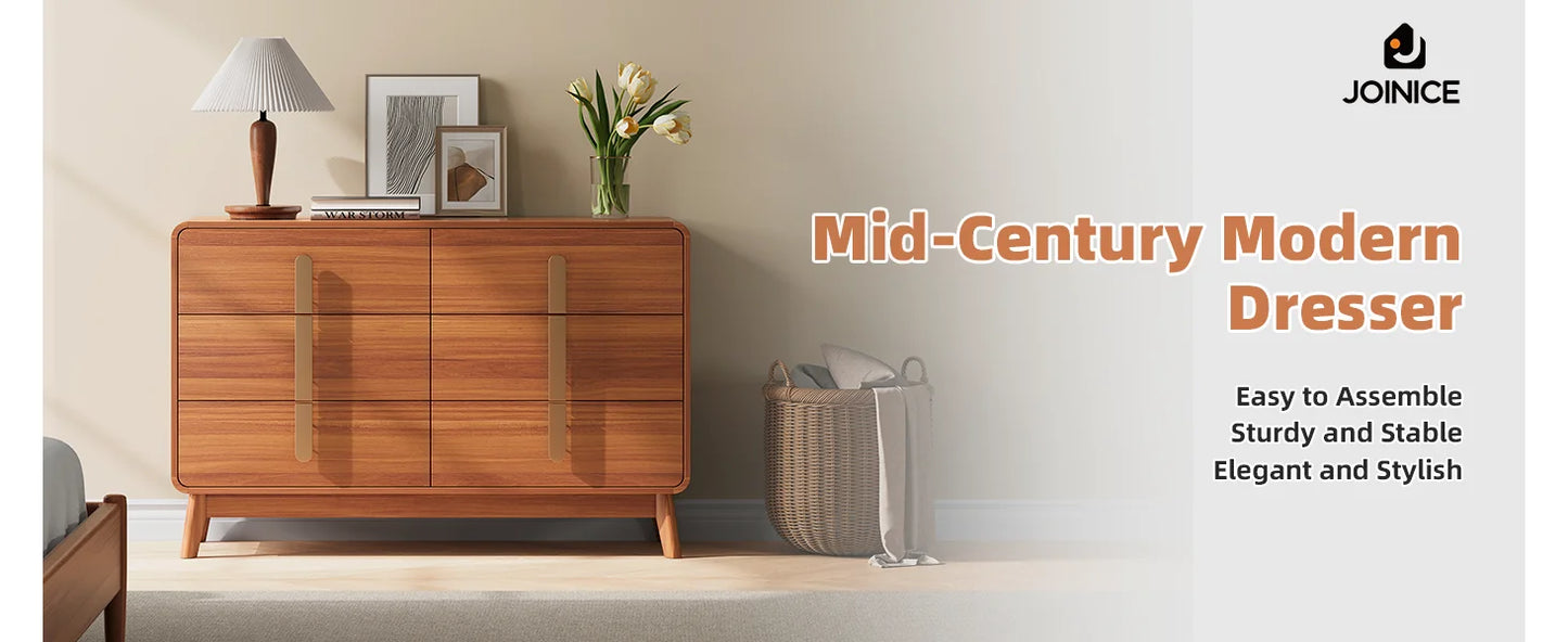 Mid-Century Modern 6 Drawer Dresser – Storage Chest with Metal Handles
