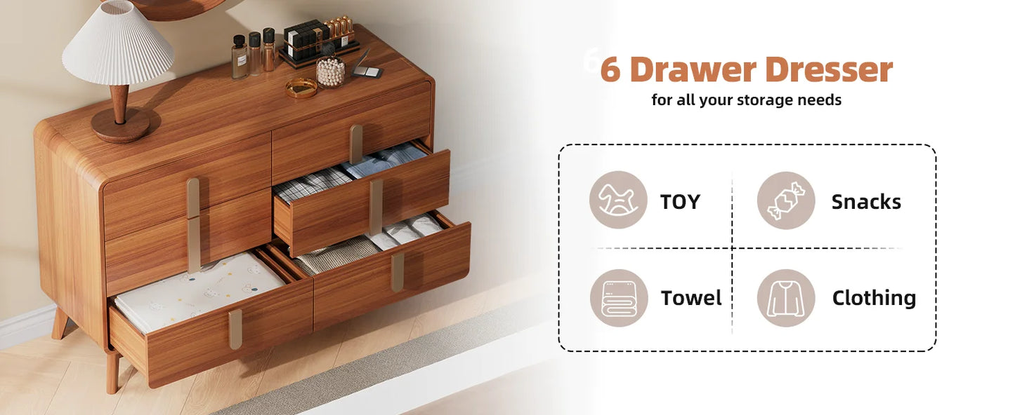 Mid-Century Modern 6 Drawer Dresser – Storage Chest with Metal Handles