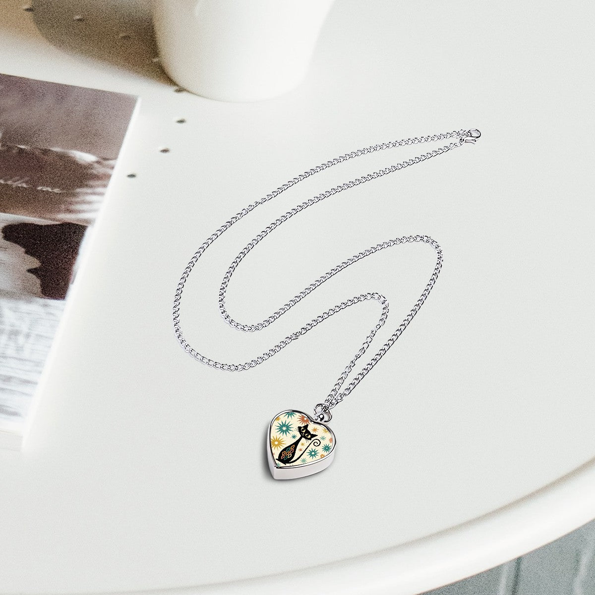 Atomic Cat Memorial Necklace – Heart-Shaped Pet Ash Keepsake