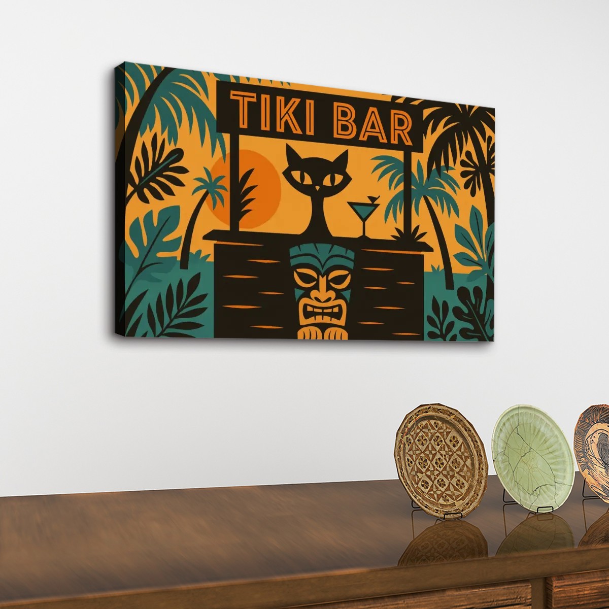Tiki Bar Cat Canvas Print – Retro Mid Century Modern Wall Art (32"x20")