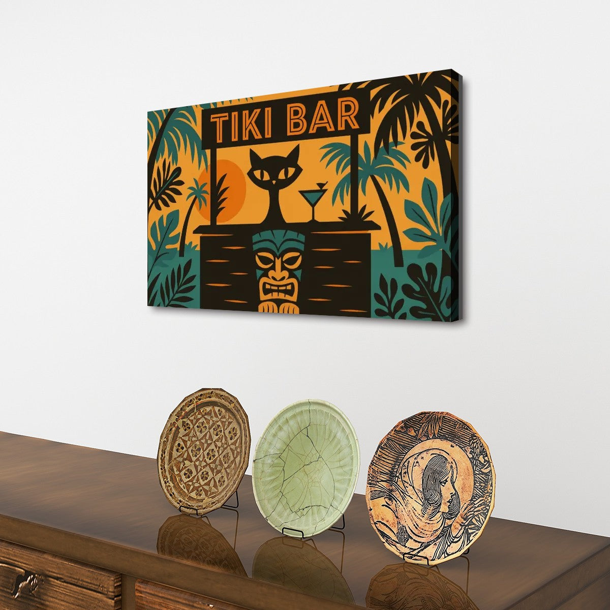 Tiki Bar Cat Canvas Print – Retro Mid Century Modern Wall Art (32"x20")
