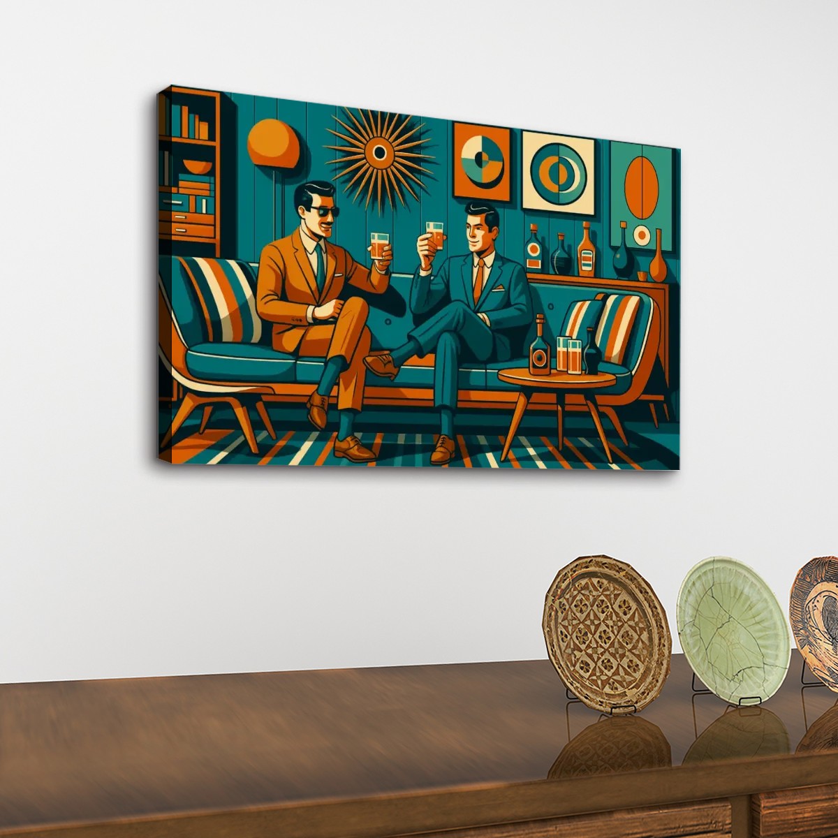 Mid Century Lounge Canvas Wall Art – Retro Teal Tones (32"x20")