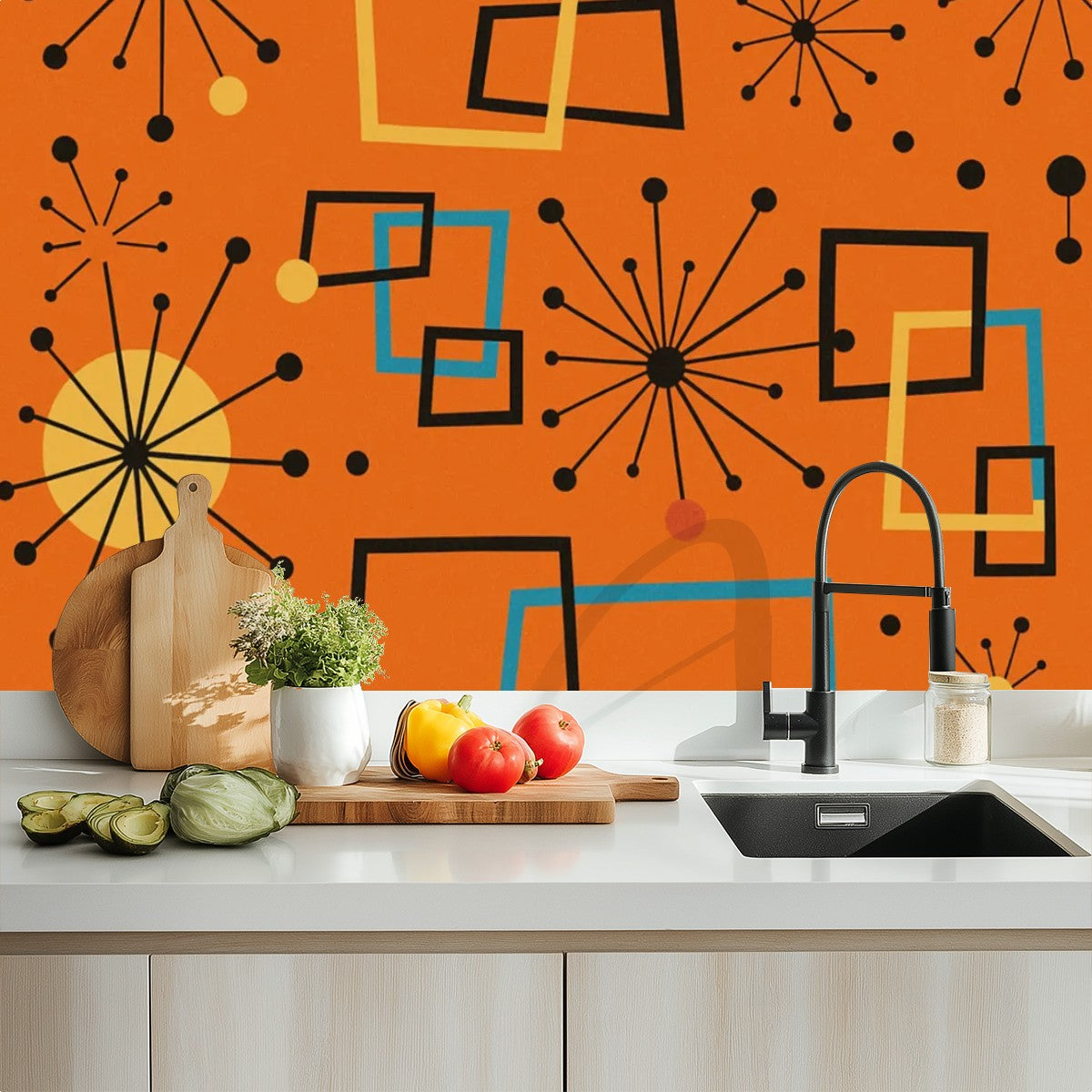 Atomic Tangerine Burst – Retro Peel & Stick Wallpaper