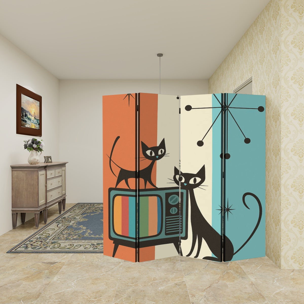 Atomic Cats Room Divider โ 4 Panel Folding Screen