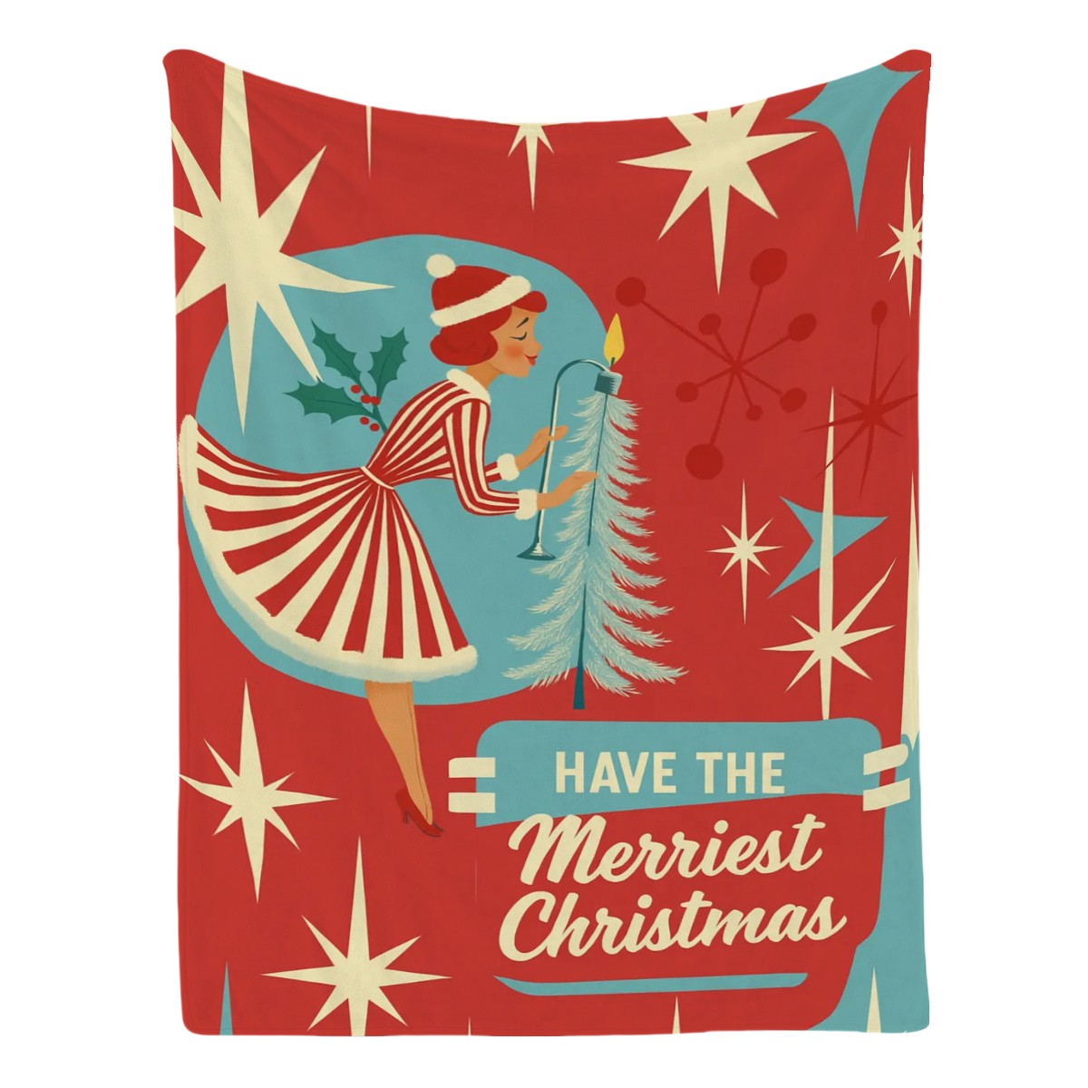 Merriest Christmas Retro Girl Flannel Throw Blanket