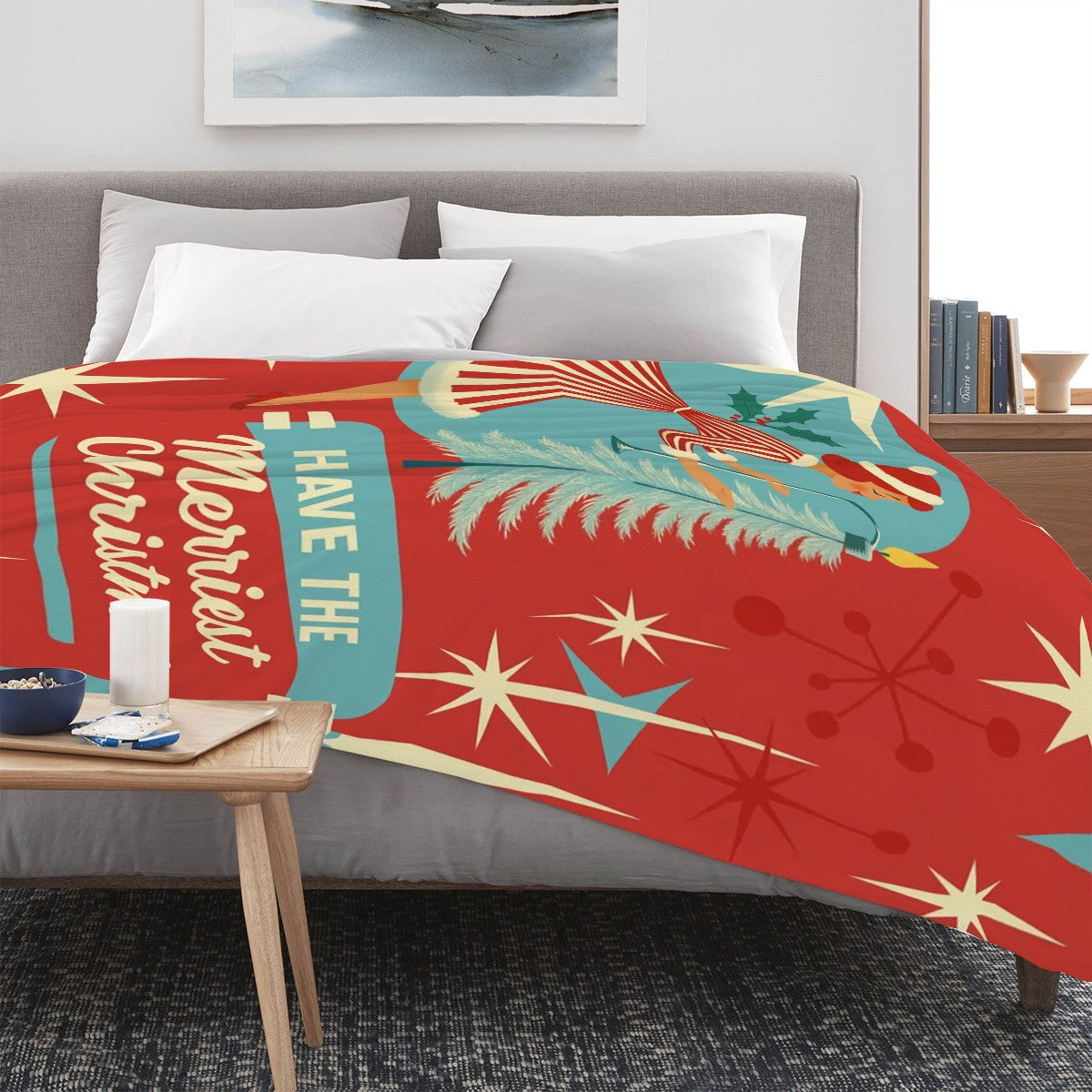 Merriest Christmas Retro Girl Flannel Throw Blanket