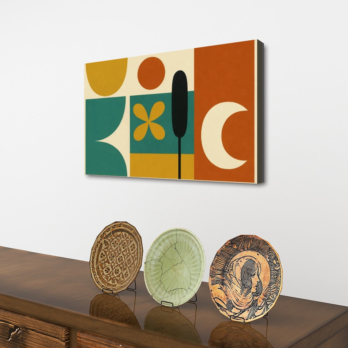Sun & Cactus Canvas Wall Art – Desert Deco MCM Style (32"x20")