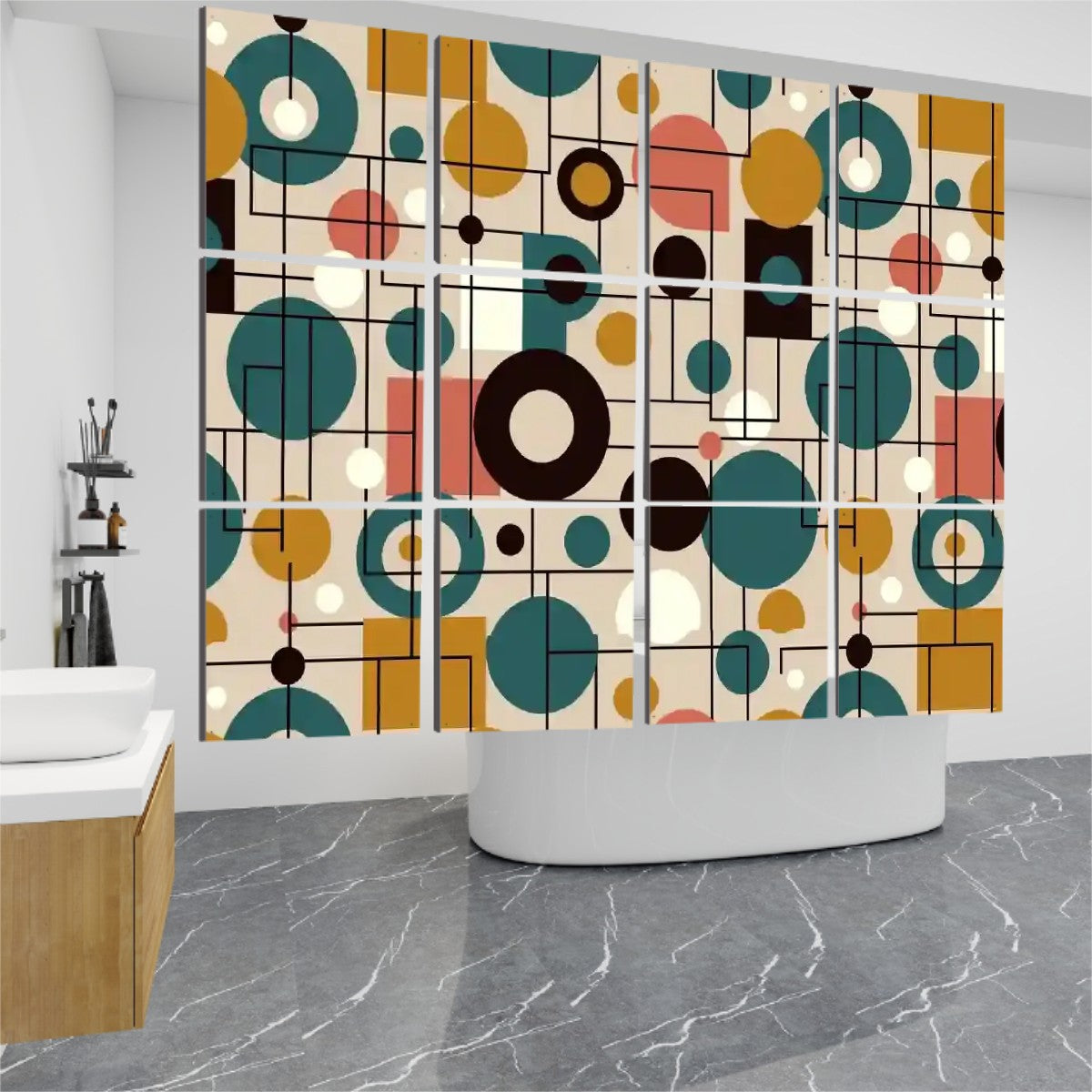 The "Atomic Grid" Hanging Room Divider – 12-Piece Mid-Century Modern Geometric Panel Screen & Wall Art