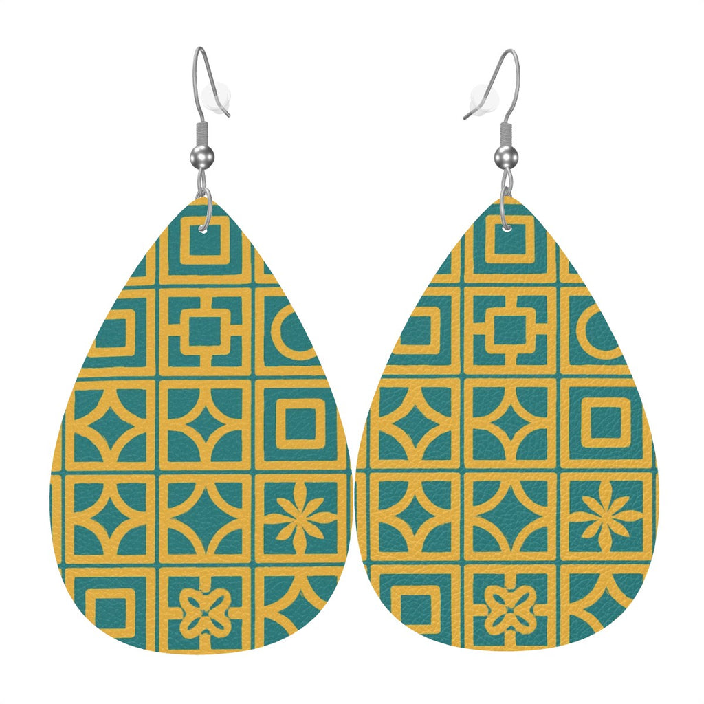 Retro Geometric Leather Teardrop Earrings – Mid Century Modern Pattern