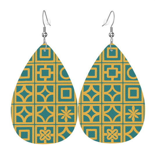 Retro Geometric Leather Teardrop Earrings – Mid Century Modern Pattern
