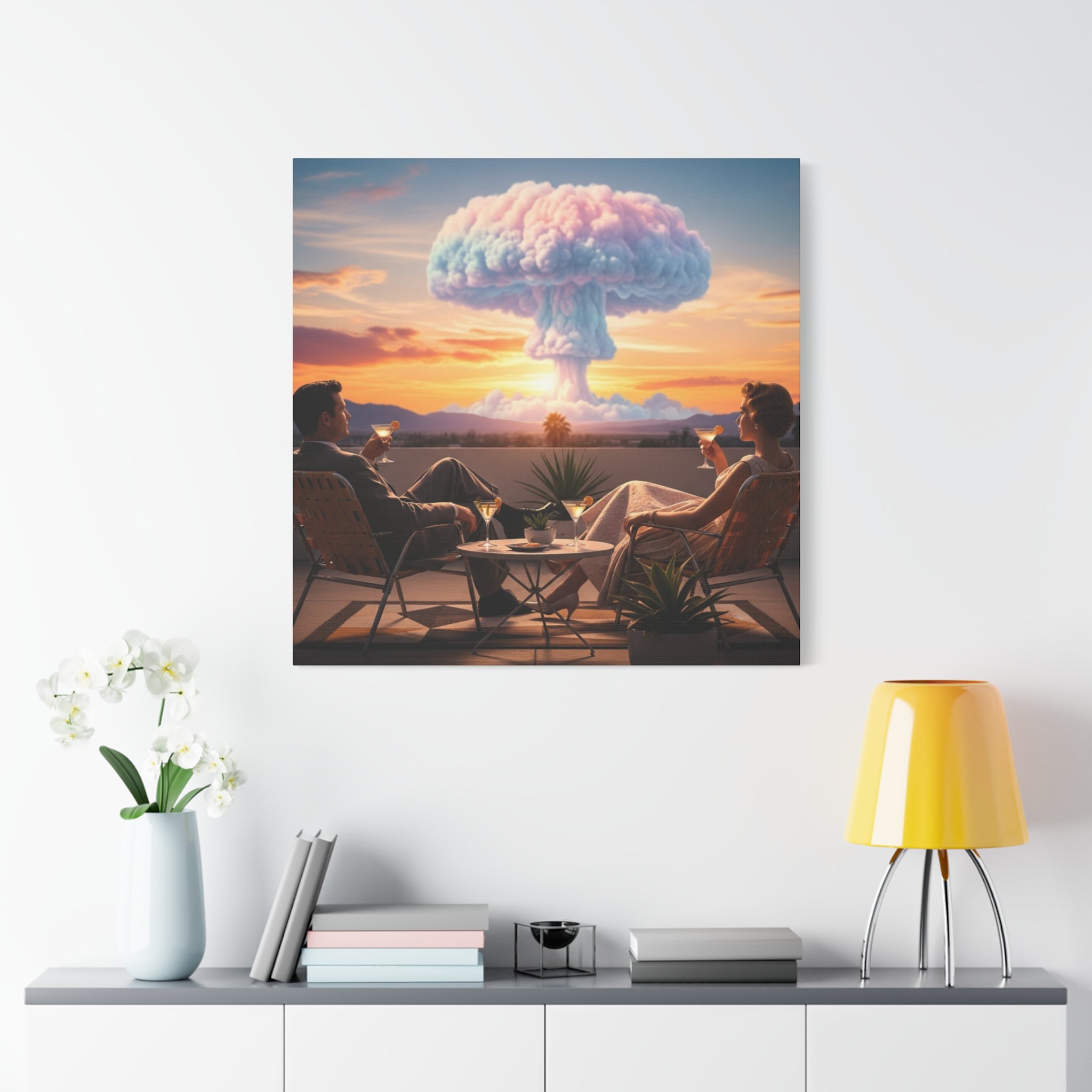Atomic Sunset: Retro Couple & Mushroom Cloud Canvas Print | Mid-Century Modern Surrealism Wall Art