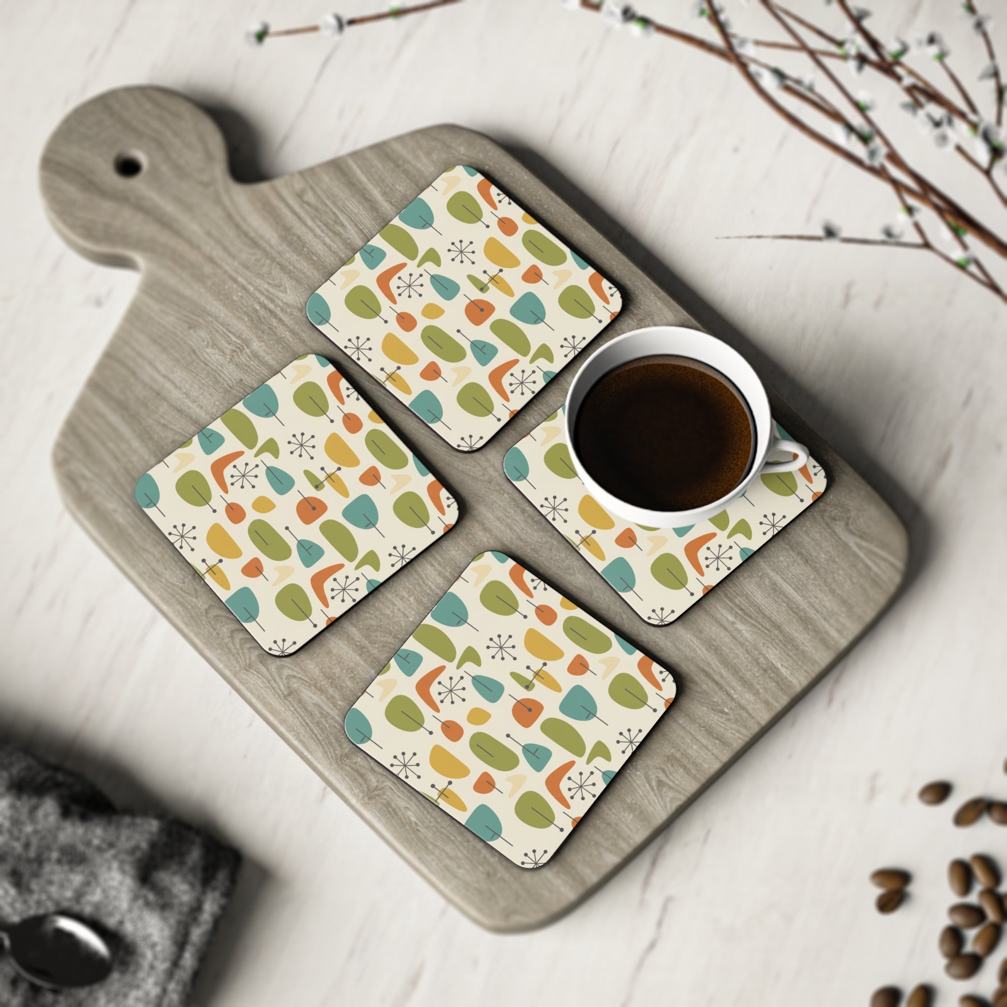 Atomic Leaf Coaster Set | Mid-Century Modern Drink Coasters 4-Pack