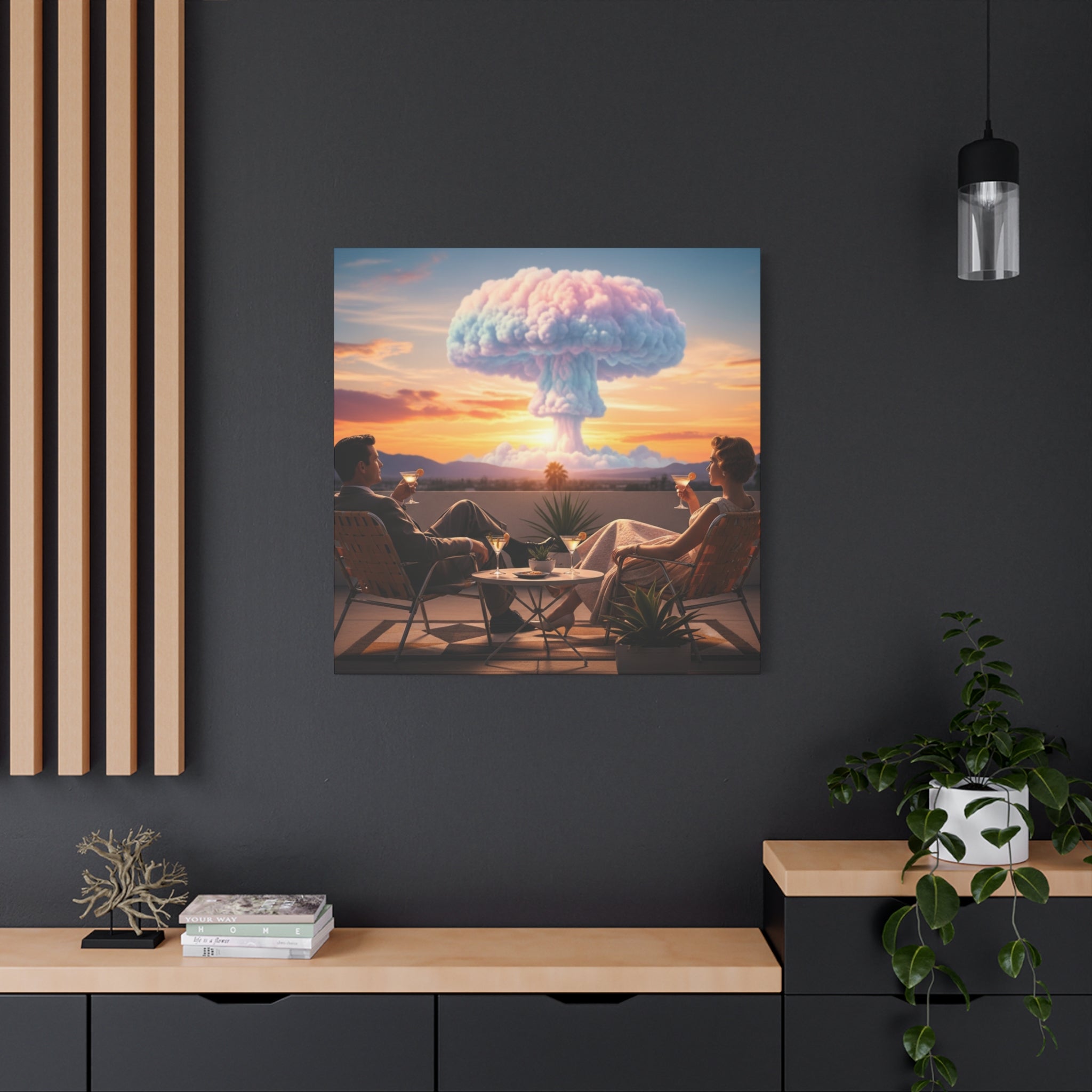 Atomic Sunset: Retro Couple & Mushroom Cloud Canvas Print | Mid-Century Modern Surrealism Wall Art