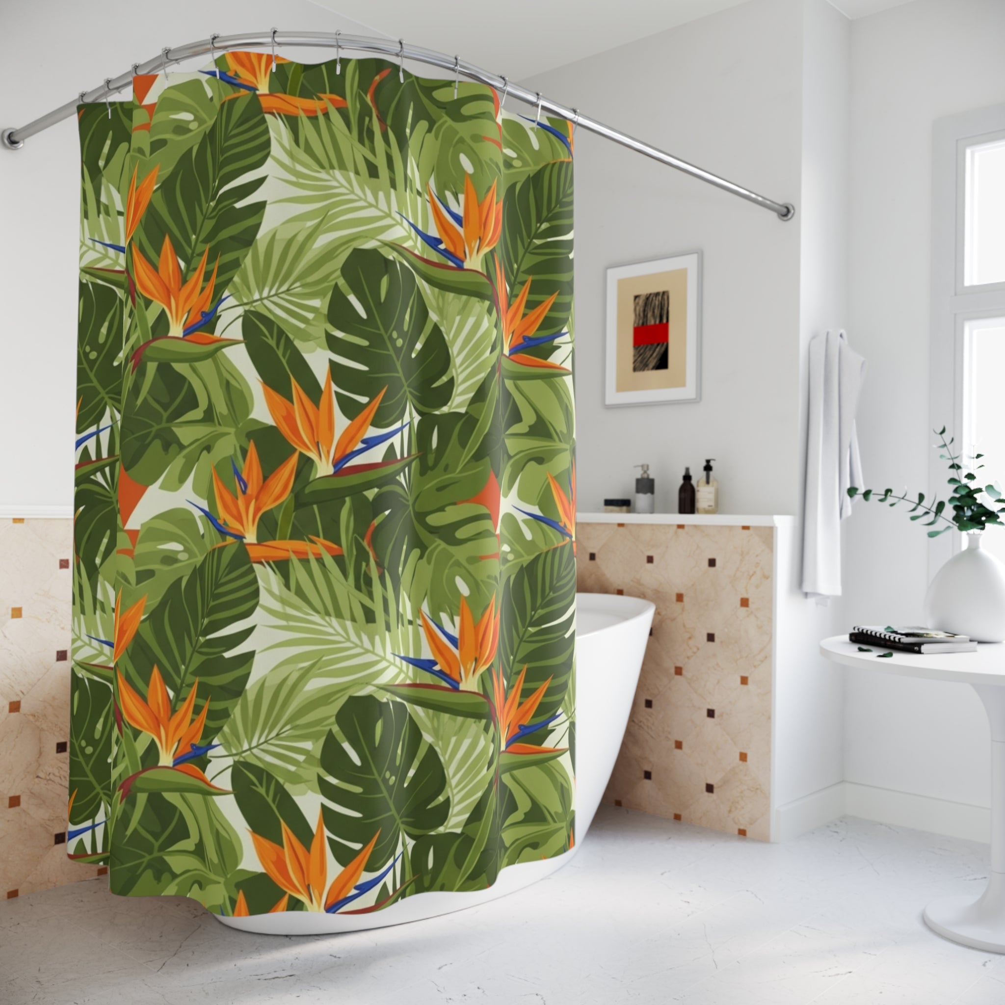 Palm Springs Oasis Mid-Century Shower Curtain — Tropical Botanical Bliss