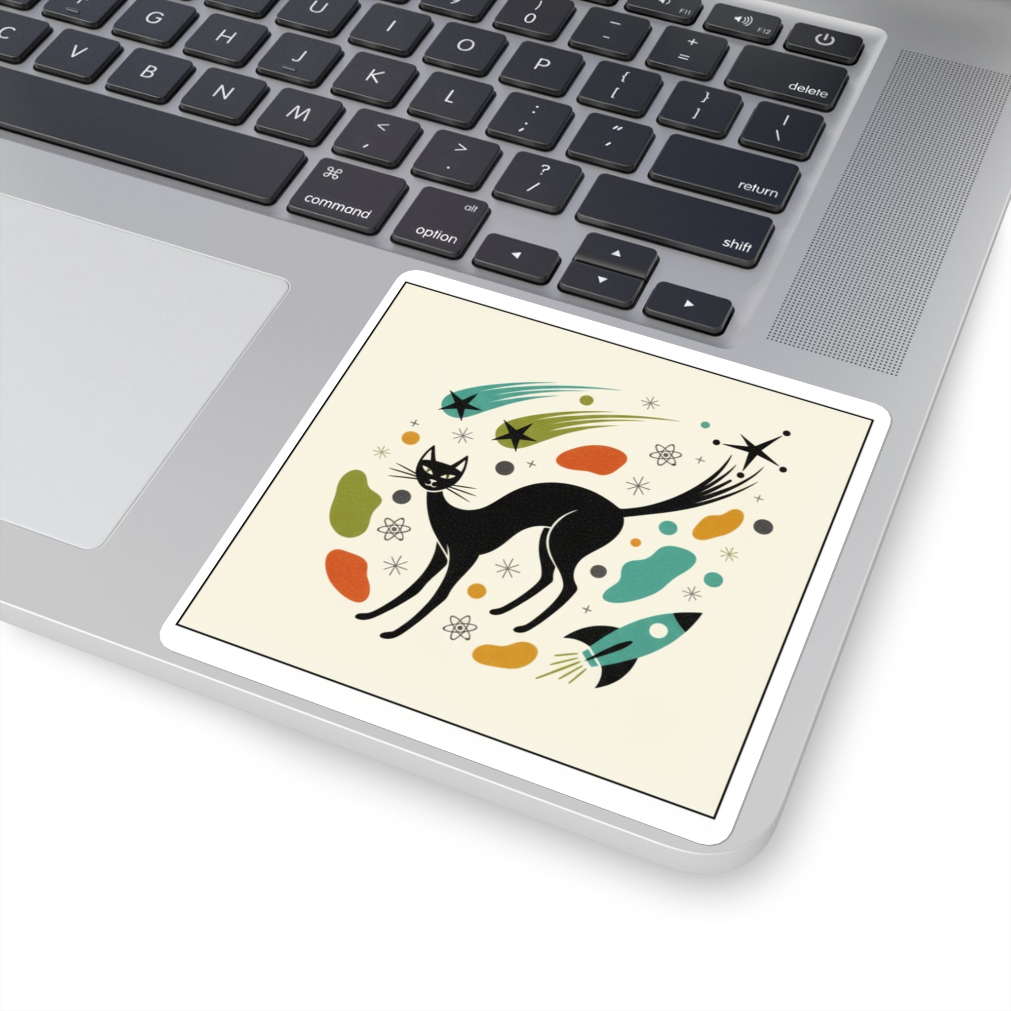Atomic Cat Square Sticker — Retro Sci‑Fi Cartoon Cat Decal