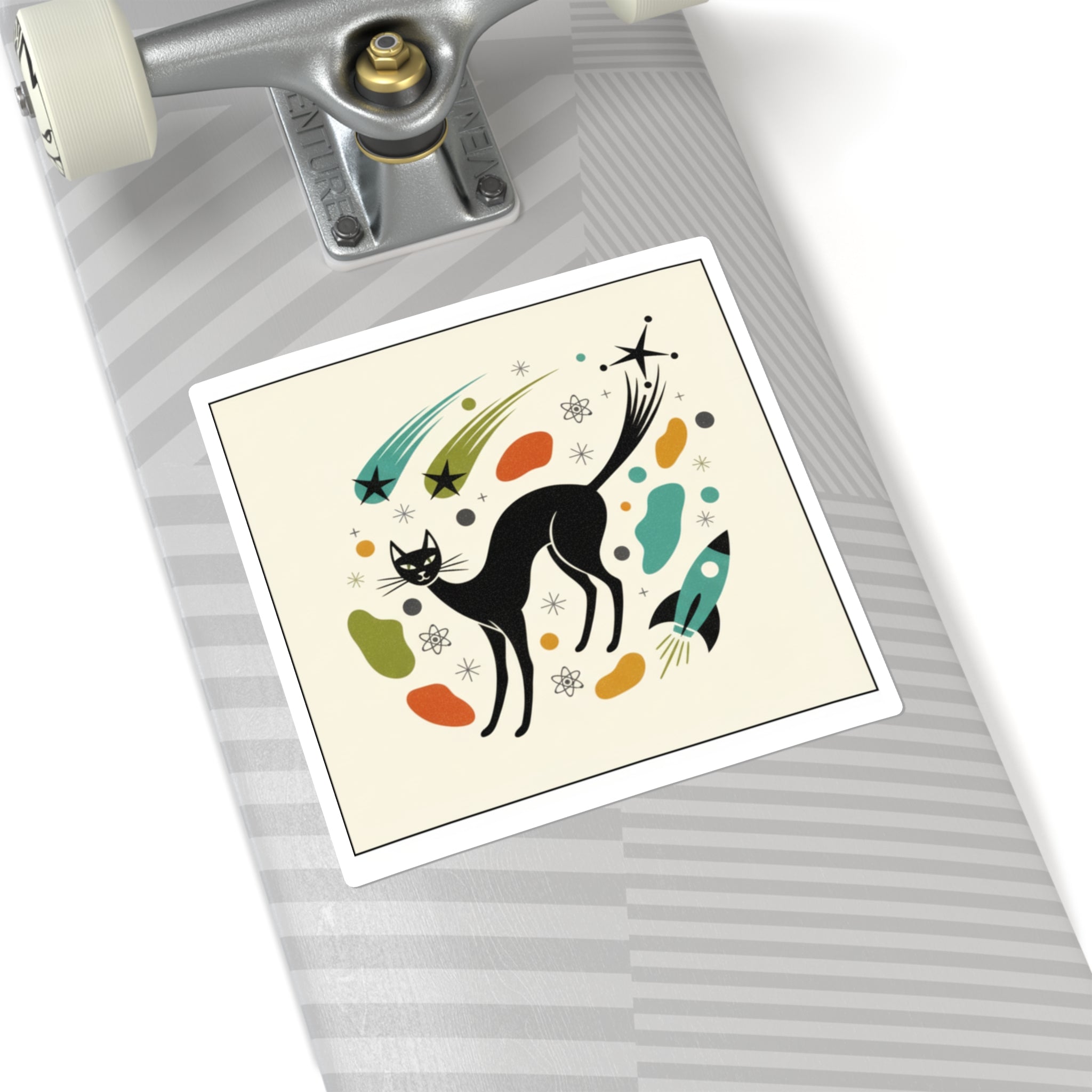 Atomic Cat Square Sticker — Retro Sci‑Fi Cartoon Cat Decal