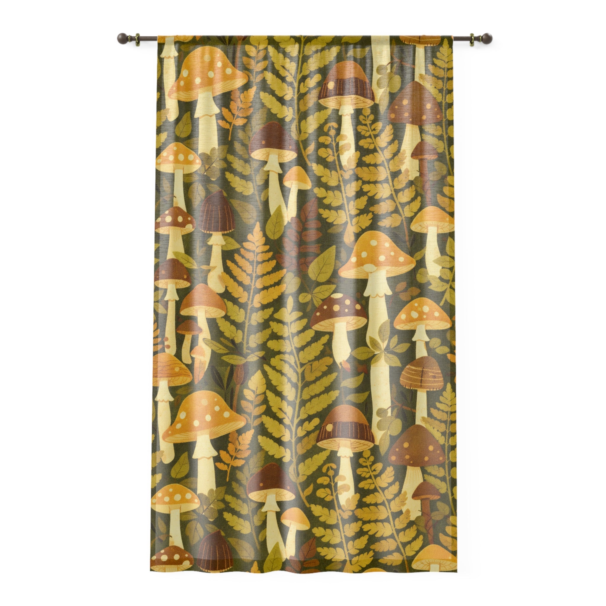 Woodland Wanderlust Mid-Century Sheer Curtain Panel — Mushroom & Fern Motif