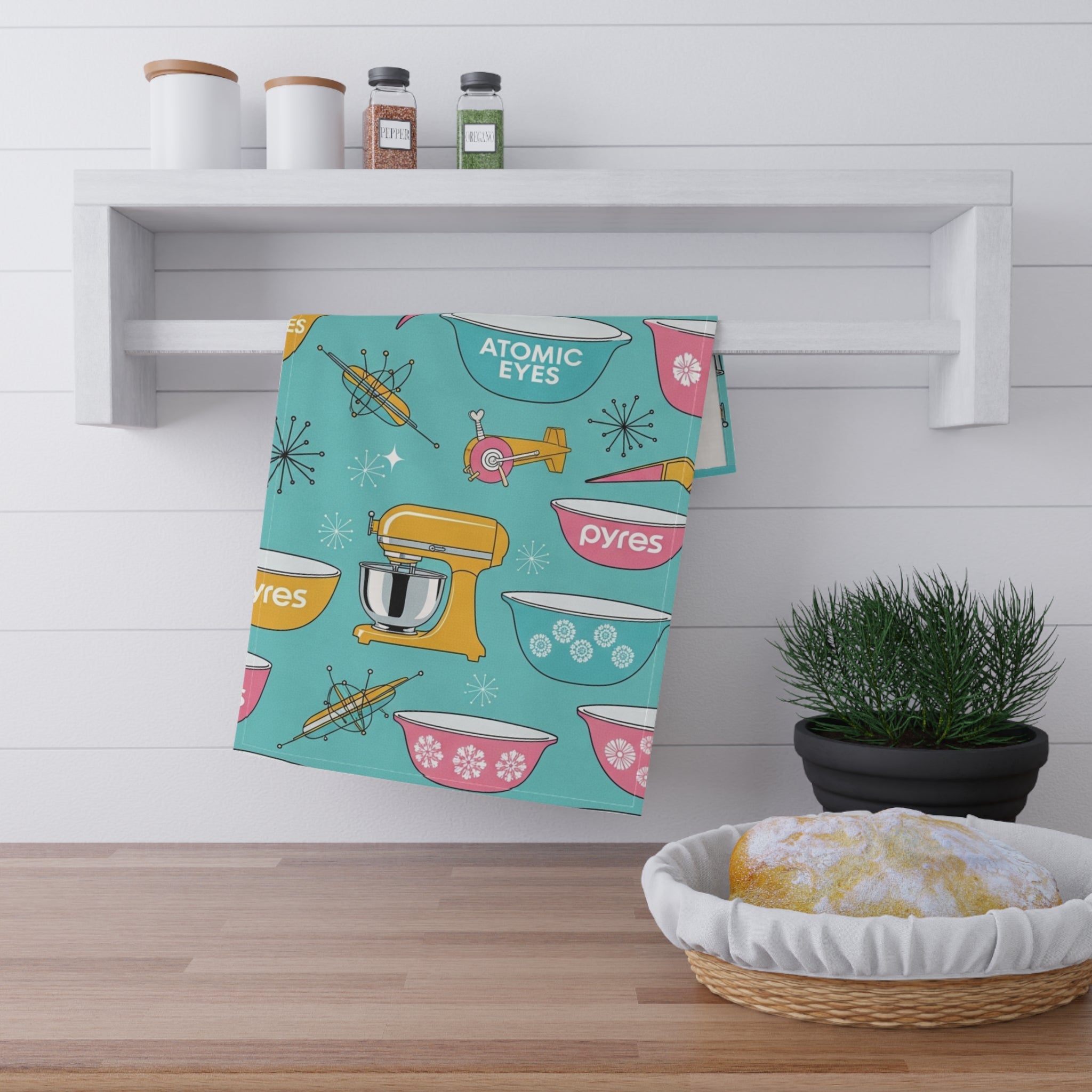 The Atomic Kitchen Tea Towel — Retro Pyrex Pattern (Cotton Twill)