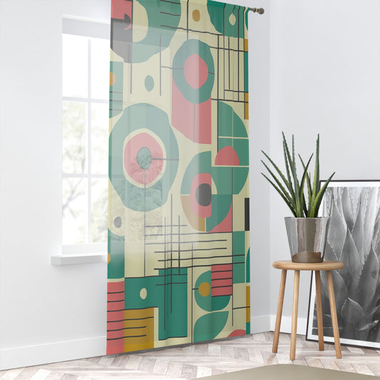 Mid-Century Modern Geometric Circles Curtain – Retro Grid Panel in Teal & Coral