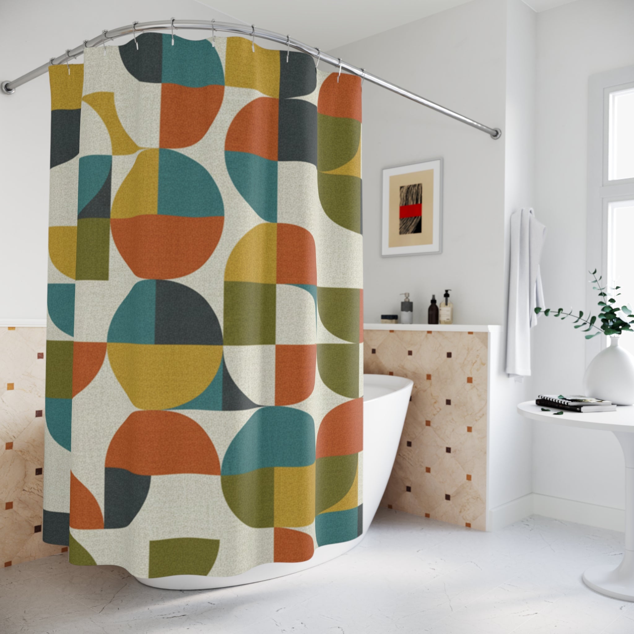 The Bauhaus Shower Curtain — Retro Geometric Bath Art