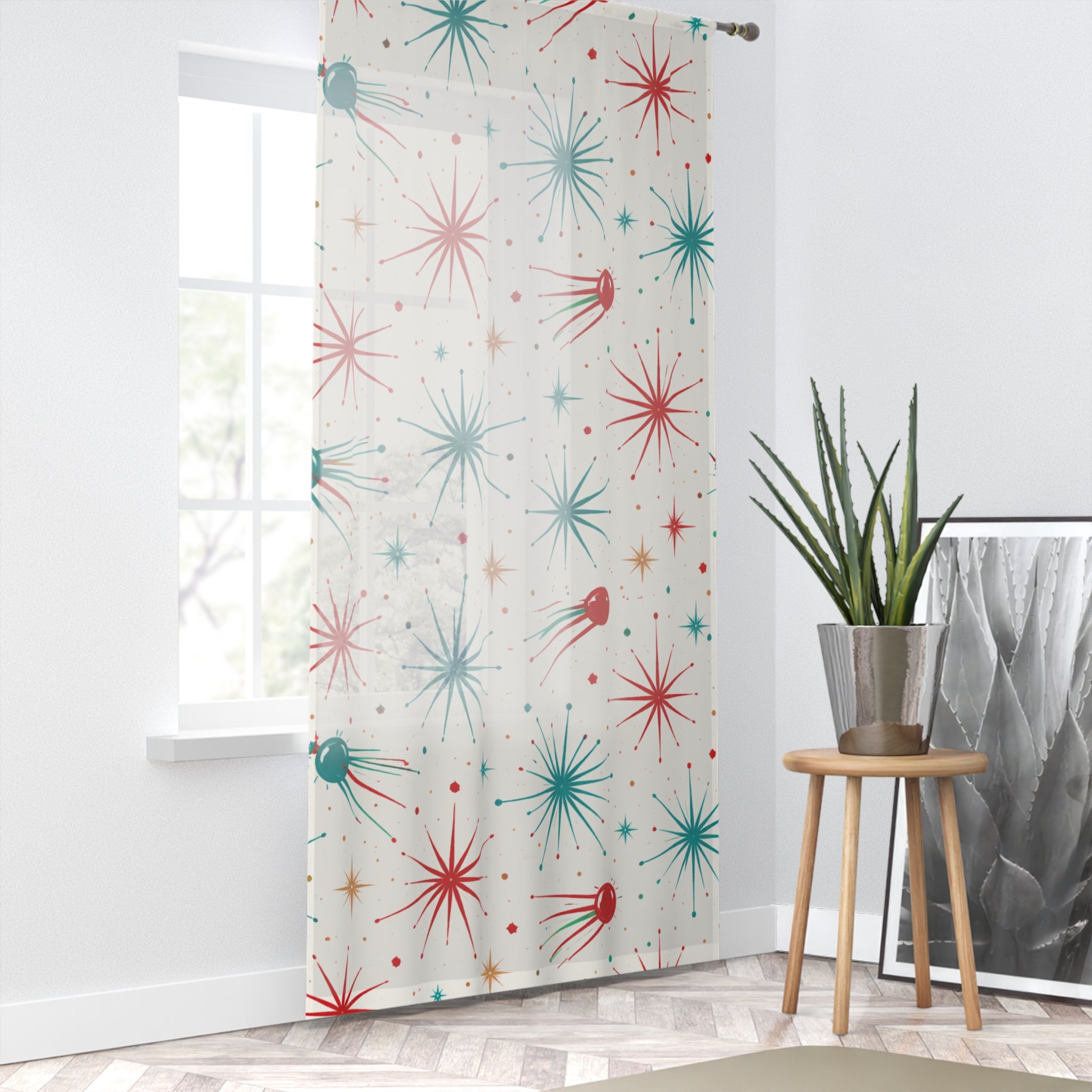 Mid-Century Starburst Sheer Window Curtain — Retro Atomic Space Pattern