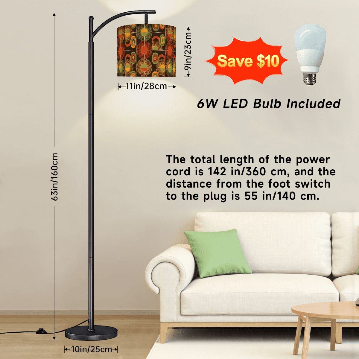 “Hearthstone Mod” Arc Floor Lamp — Warm Abstract Retro Shade + Smart LED