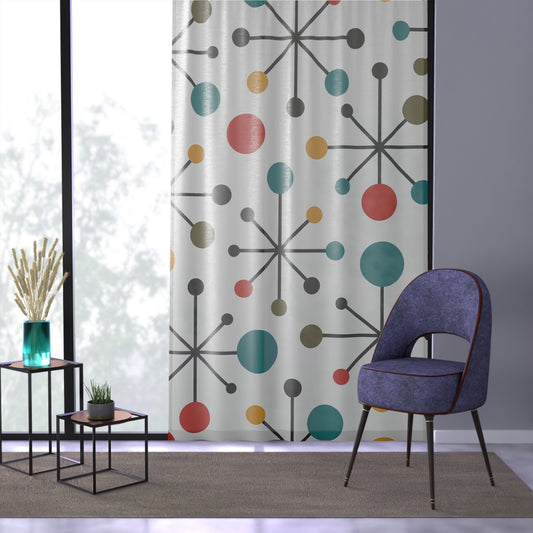 Mid-Century Atomic Dots Curtain – Retro Starburst Panel in Teal, Coral & Mustard