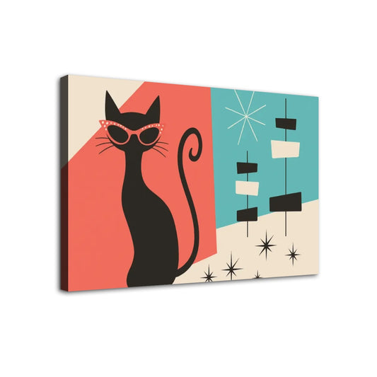 Cool Cat Canvas Wall Art – Mid Century Modern Style (32″×20″)