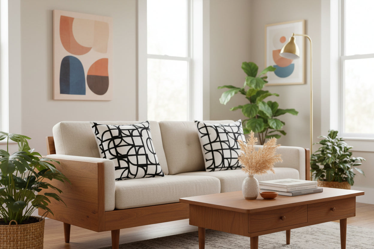 Geometric Black & White Square Pillow Mid-Century Modern Abstract Throw Cushion