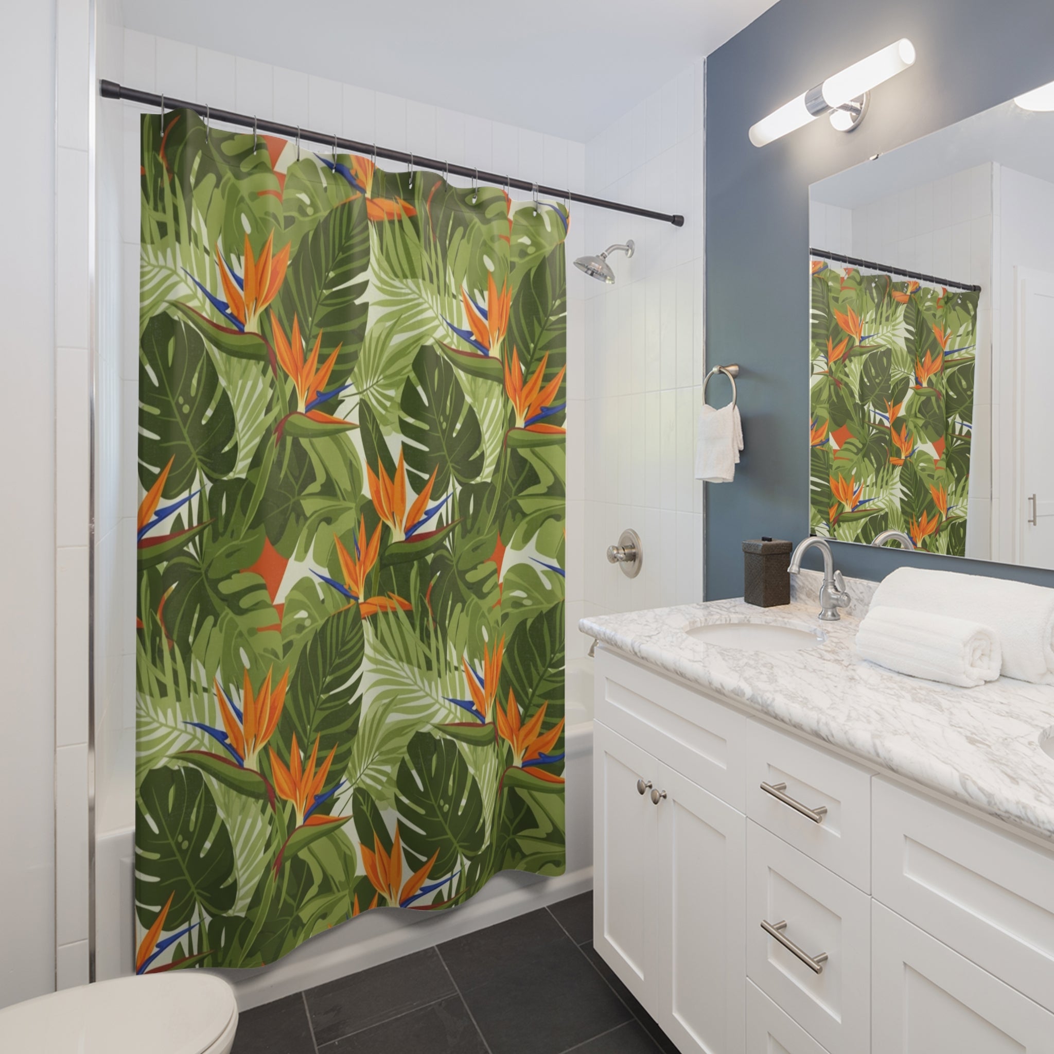 Palm Springs Oasis Mid-Century Shower Curtain — Tropical Botanical Bliss