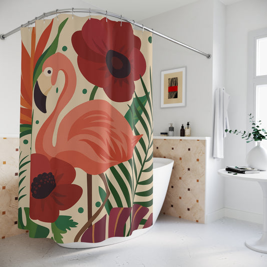 Retro Flamingo & Poppy Shower Curtain – Bold Botanical Vibes