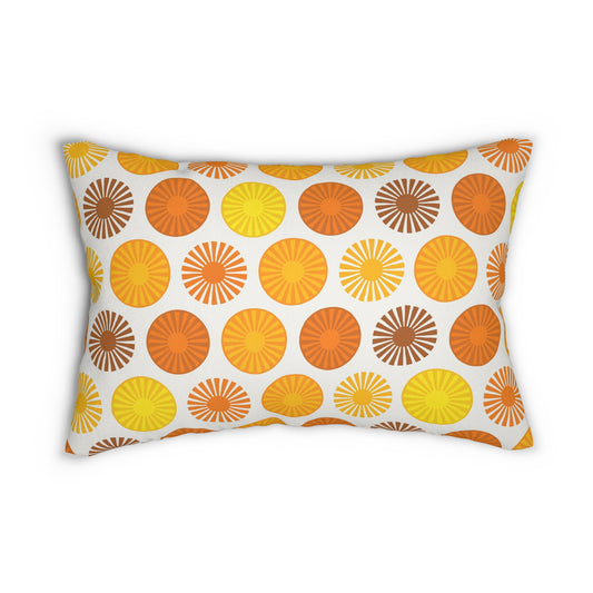Retro Sunburst Circle Lumbar Pillow – Mid-Century Modern Orange & Yellow (20×14)