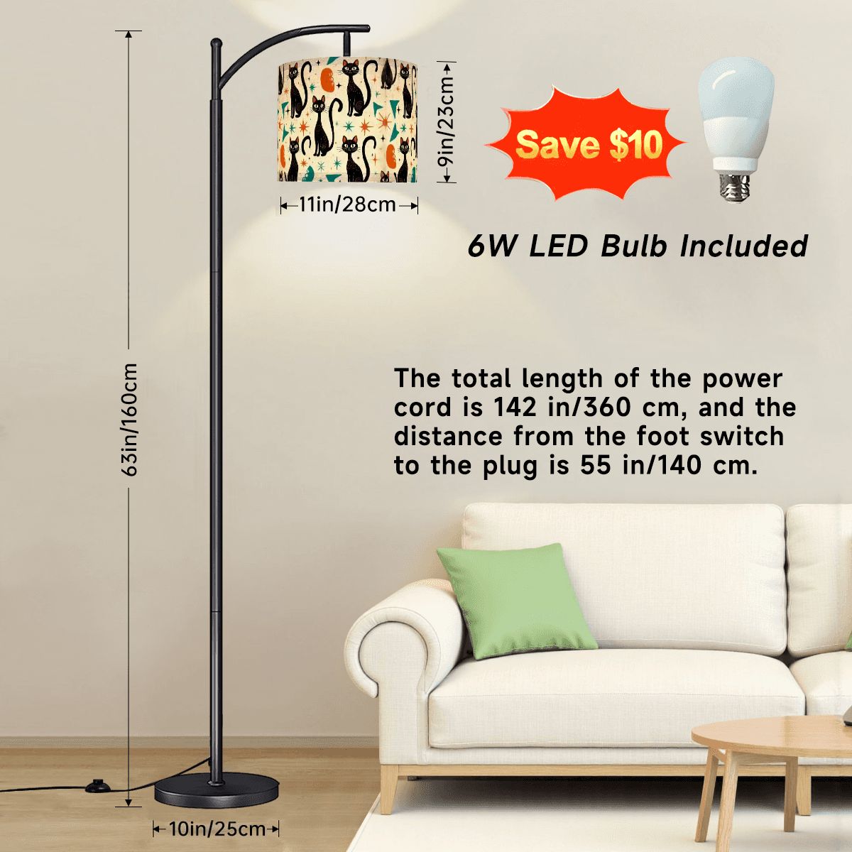 “Midnight Familiar” Arc Floor Lamp — Celestial Cat Shade + Smart LED